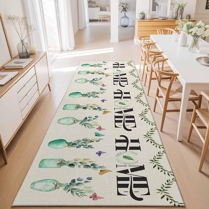 Runner Rug for Bedroom Hallway, Rustic Home Text Eucalyptus Leaf Kitchen Runner Rugs Area Rug 2x6ft, Farmhouse Butterfly Retro Linen Washable Soft Floor Carpet for Entryway Stair