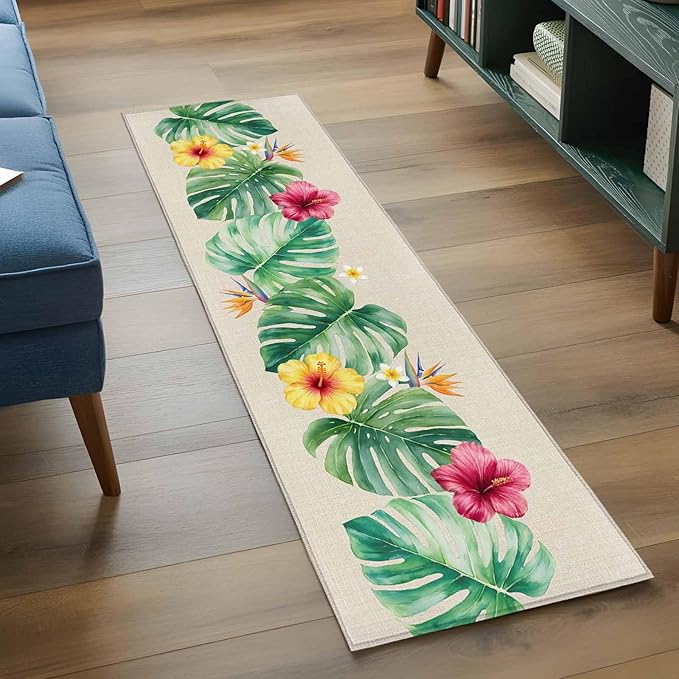 Runner Rug for Bedroom Hallway, Country Monstera Hibiscus Foliage Kitchen Runner Rugs Area Rug 2x6ft, Tropical Plant Vintage Linen Washable Soft Floor Carpet for Entryway Stair