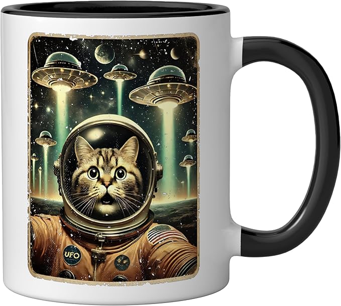 Space Cat Astronaut Funny UFO Sci-fi Alien Selfie Ceramic Mug, Black/White