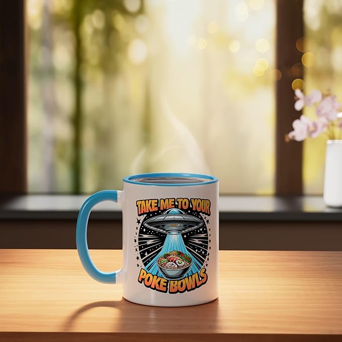 Take Me to Your Poke Bowls Hawaiian Food Funny Poke Bowl Ceramic Mug, Blue/White