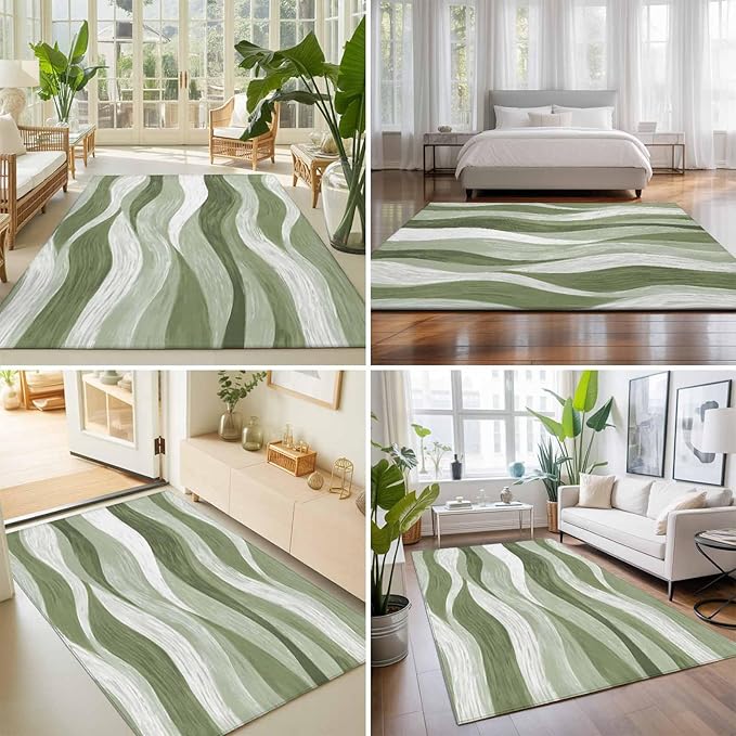 Area Rug 9x12ft, Modern Sage Green Gradient Stripe Washable Rugs for Living Room Bedroom Rectangle Floor Carpet, Abstract Ocean Wave Soft Non-Slip Area Rugs for Dining Room