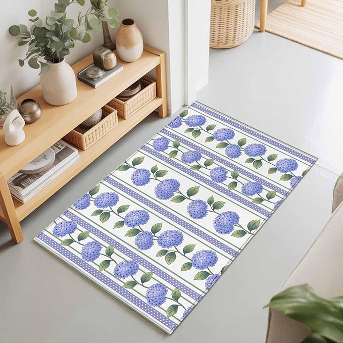 Area Rug 2x3ft, Garden Purple Hydrangea Flower Washable Rugs for Living Room Bedroom, Watercolor Floral Leaves Soft Non-Slip Area Rugs Rectangle Floor Carpet for Dining Room