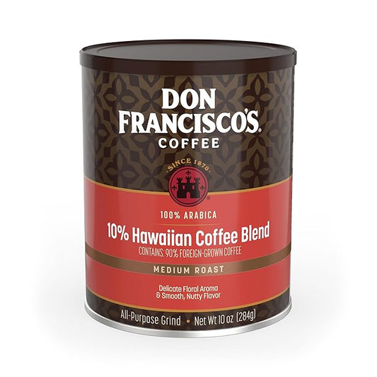 Don Francisco's Premium Hawaiian Blend Ground Coffee: 10% Hawaiian with Rich Flavor, Floral Aroma & Fruity Notes – Family Crafted for a Delightful Morning Brew (10 oz Recyclable Can)