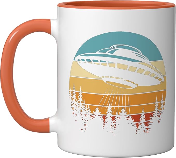 Alien UFO Flying Saucer Abduction Retro Ceramic Mug, Orange/White