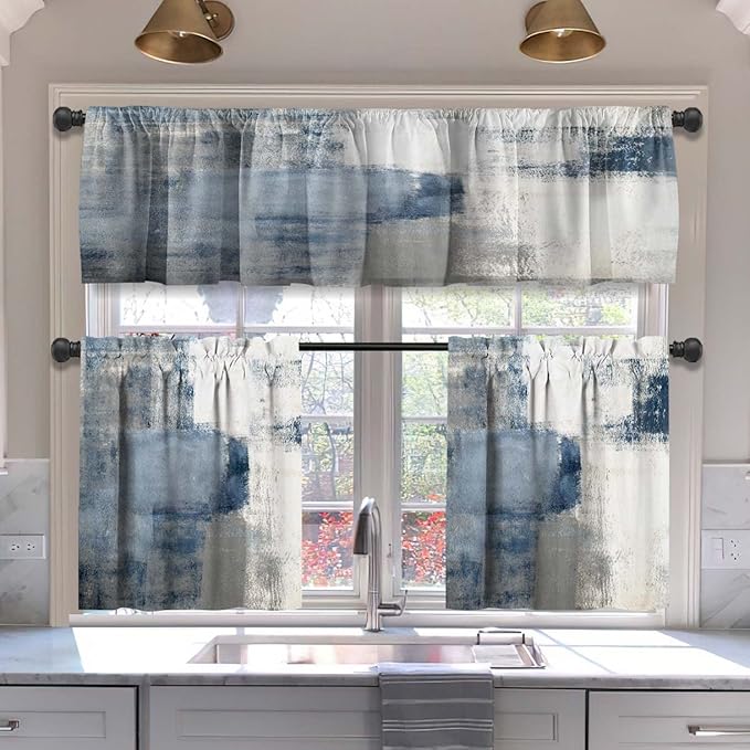 MCALK Blue Blackout Kitchen Curtains Tiers and Valances for Windows, Modern Abstract Art for Living Room (36" Tiers Set)
