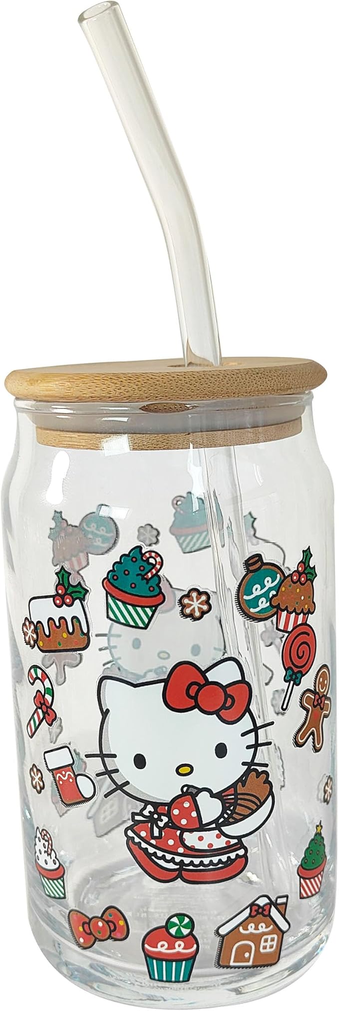 Silver Buffalo Sanrio Hello Kitty Sweet Christmas Holiday Desserts and Gingerbread Houses Glass Jar Tumbler with Bamboo Lid and Glass Straw, 16 Ounces