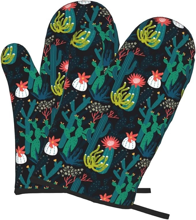 Green Cactus Oven Mitts of 2-Pack Set, Funny Kitchen Gloves Heat Resistant Non-Slip Kitchen Mitts for Cooking Baking Grilling