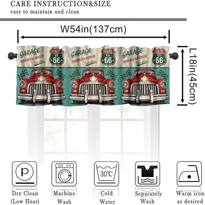 Retro Valance Curtain Vintage Car Route 66 Garage Rod Pocket Valance Window Treatments Short Curtains for Kitchen Bathroom Farmhouse Living Room Decor 54x18inch