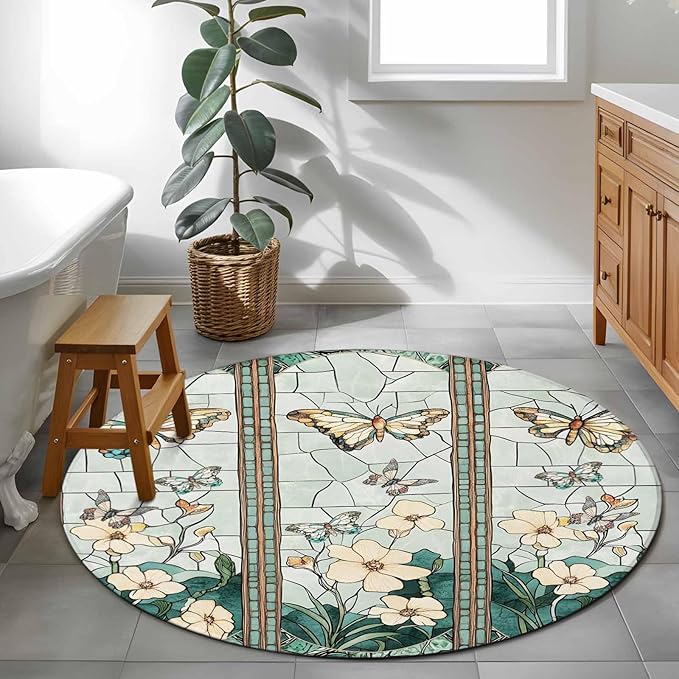 Washable Round Area Rug Spring Flower Colorful Butterfly Circle Rugs Floor Carpet for Living Room Bedroom, Vintage Green Plant Soft Non Slip Round Rug 4ft