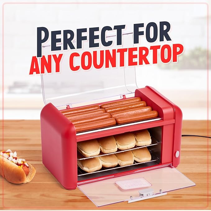 Nostalgia Oscar Mayer Extra Large 8 Hot Dog Roller & Bun Toaster Oven- Stainless Steel Grill Rollers for Cooking Veggie Sausages & Brats- Multi-Use Warming Oven with Adjustable Timer for Parties - Red
