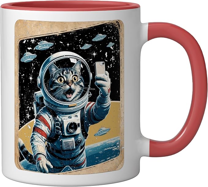 Space Cat Astronaut UFO Funny Sci-fi Alien Selfie Ceramic Mug, Red/White