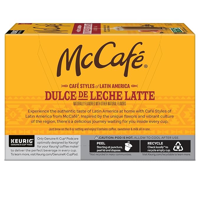 McCafé Dulce de Leche Latte, One Step Latte Single Serve Keurig K-Cup Pods, Flavored Coffee, 60-Count Box (6 Packs of 10)