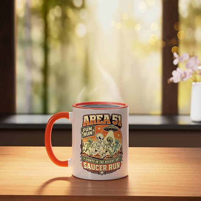 Area 51 Fun Run Saucer Run Alien Ceramic Mug, Orange/White