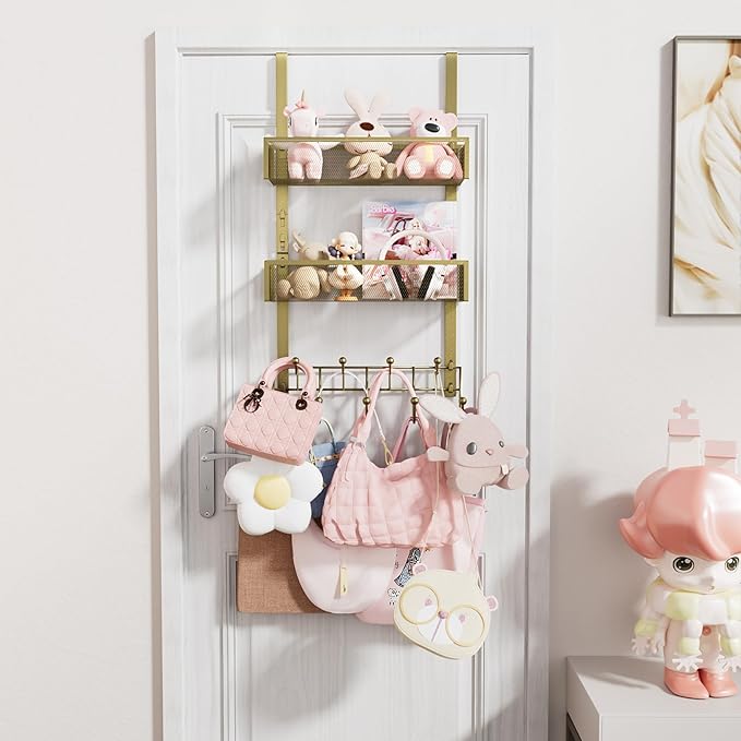 Consumest Over The Door Hooks Organizer - Extra Long Door Hanger with 9 Coat Hooks & 2 Mesh Basket, Back Storage Organizer Hanging Towels for Bathroom, Bedroom, Gold (for 1.76 in Doors)