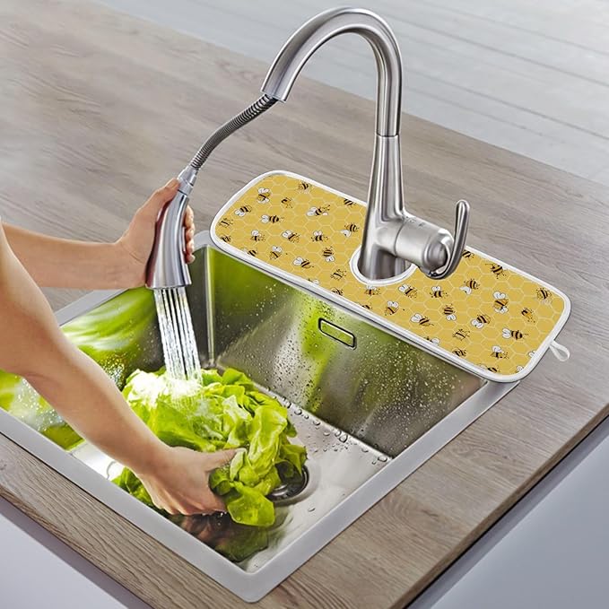 Kitchen Faucet Absorbent Mat,Bees Honey Honeycombs Water Splash Guard for Sink, Faucet Drip Catcher Thicken Sponge Microfiber Faucet Water Catcher Mat Sink Absorbent Mat for Kitchen 30x5in 2 Pack