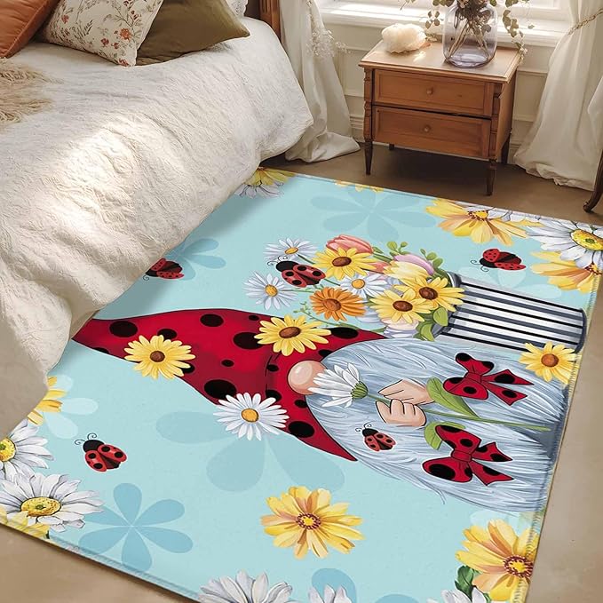 Area Rug 3x5ft, Summer Ladybug Gnome Daisy Flower Washable Rugs for Living Room Bedroom, Watercolor Bloom Floral on Blue Soft Non-Slip Area Rugs Rectangle Floor Carpet for Dining Room