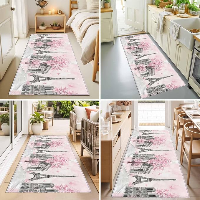 Runner Rug for Bedroom Hallway, Modern Pink Flower Paris Landmarks Kitchen Runner Rugs Area Rug 2x6ft, Towel Architecture Washable Soft Floor Carpet for Entryway Stair