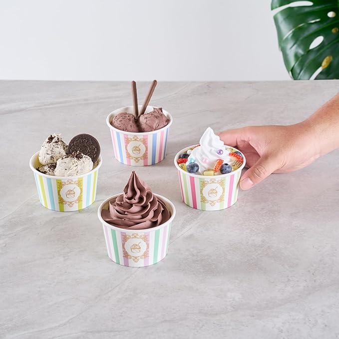 Restaurantware Paper Cups 200 Count 8 Ounce Square Disposable Ice Cream Containers, Leak-Resistant Paper Dessert To Go Cups, Hot And Cold Food, Durable Assorted Stripe Design