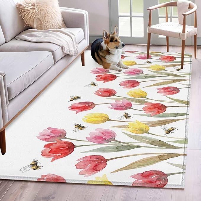 Area Rug 4x6ft, Red Pink Yellow Tulips Bees Washable Rugs for Living Room Bedroom, Watercolor Flower Leaves Soft Non-Slip Area Rugs Rectangle Floor Carpet for Dining Room