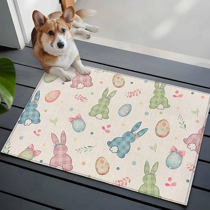 Area Rug 2x3ft, Happy Easter Cute Plaid Bunny Washable Rugs for Living Room Bedroom, Colorful Egg Leaves Farm Linen Soft Non-Slip Area Rugs Rectangle Floor Carpet for Dining Room