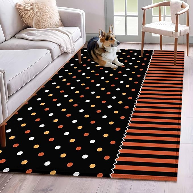 Area Rug 4x6ft, Halloween Polka Dots Orange Stripes Washable Rugs for Living Room Bedroom, Seamless Dot on Black Soft Non-Slip Area Rugs Rectangle Floor Carpet for Dining Room