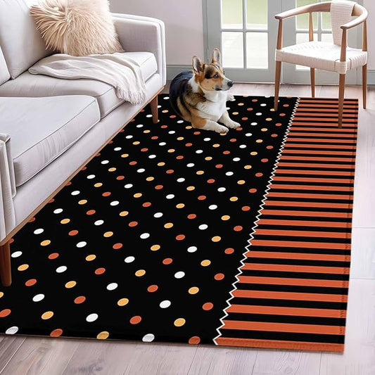 Area Rug 4x6ft, Halloween Polka Dots Orange Stripes Washable Rugs for Living Room Bedroom, Seamless Dot on Black Soft Non-Slip Area Rugs Rectangle Floor Carpet for Dining Room