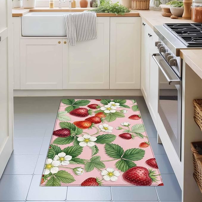 Area Rug 2x3ft, Summer Strawberry Bush on Pink Washable Rugs for Living Room Bedroom, Forest Green Foliage Soft Non-Slip Area Rugs Rectangle Floor Carpet for Dining Room