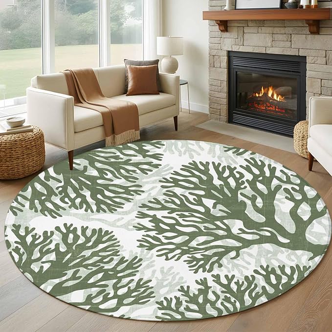 Washable Round Area Rug Deep Forest Green Corals Circle Rugs Floor Carpet for Living Room Bedroom, Retro Marine Life Soft Non Slip Round Rug 5ft