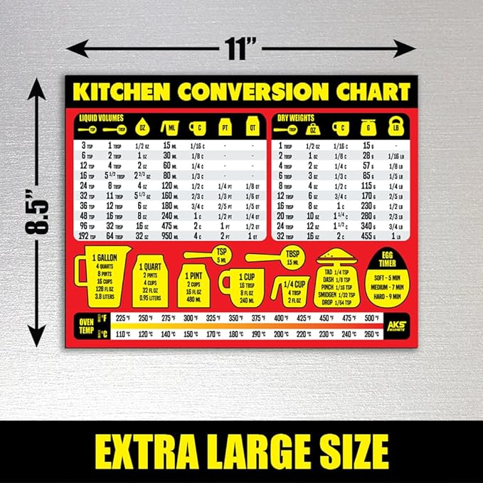 Kitchen Measurement Conversion Chart Magnet - Extra Large Easy to Read Magnetic Kitchen Decor - Weight, Liquid, Temperature Recipe Measuring Tool - Cooking, Cookbook & Baking Accessories Fridge Magnet