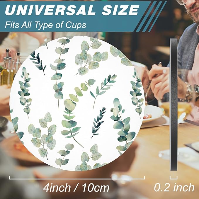 Nipichsha Coasters for Drinks, Set of 6 Cute Absorbent Rubber Drink Coasters for Cup with Non Slip Backing, Kitchen Home Decor Housewarming Gift, Round 4 in, Eucalyptus Leaf