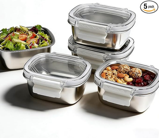 5 Pack Stainless Steel Reusable Snack Containers with Lids - 8.45 oz Small Metal Snack & Lunch Food Boxes, Shatterproof Leakproof Freezer Safe Meal Prep Containers for Portioning Snacks, Dips