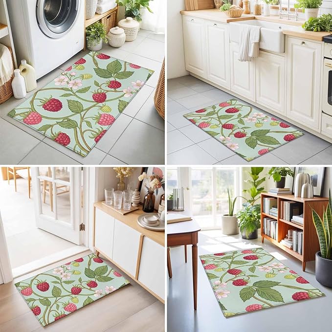 Area Rug 2x3ft, Farmhouse Berry Red Pink Blossoms Flower Washable Rugs for Living Room Bedroom, Green Leaves Soft Non-Slip Area Rugs Rectangle Floor Carpet for Dining Room