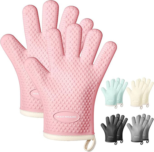 MAD SHARK Silicone Oven Mitts Heat Resistant 450°F,Waterproof & Non-Slip Oven Gloves with Fingers,Cotton Lined Silicone Oven Gloves Kitchen Mitts for Baking Cooking Barbecue,Women (Pink)