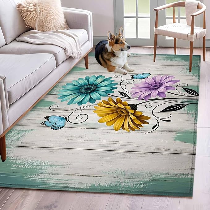 Area Rug 3x5ft, Farm Flower Daisy Retro Wood Barn Washable Rugs for Living Room Bedroom, Blossom Flower Butterfly Soft Non-Slip Area Rugs Rectangle Floor Carpet for Dining Room