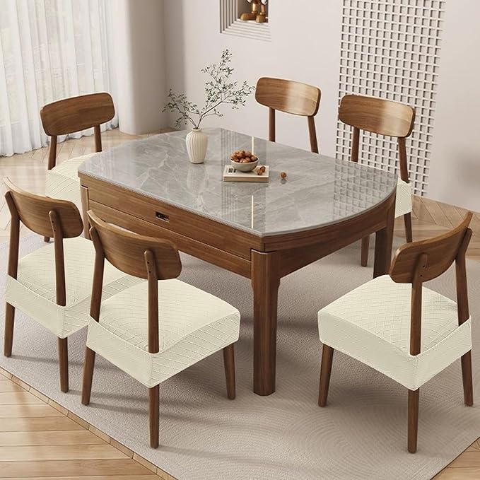 Genina Waterproof Seat Covers for Chairs,Set of 2 Dining Room Chair Seat Covers for Kitchen,Stretch Jacquard Removable Washable Dining Chair Slipcovers Protectors with Rear Covers, Beige