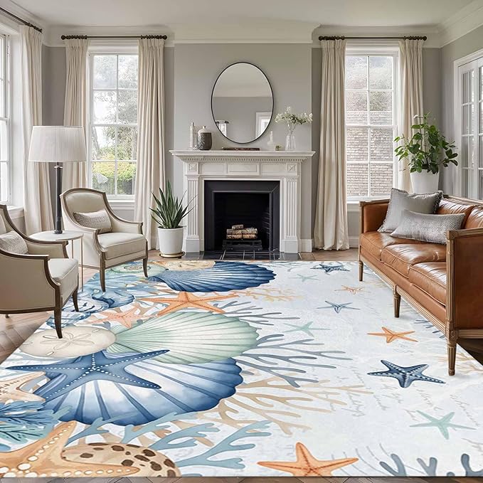 Area Rug 6x9ft, Underwater Shells Starfish on Blue Washable Rugs for Living Room Bedroom, Colorful Coral Soft Non-Slip Area Rugs Rectangle Floor Carpet for Dining Room