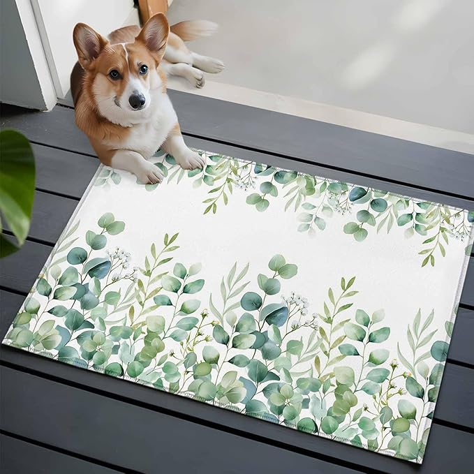 Sage Green Eucalyptus Leaves 2x3 Door Mat Rug, Farmhouse Botanical Non-Skid Rubber Backing Large Rectangle Rugs - Living Room Bedroom Home Office, Country Indoor Floor Mat Carpets Washable Rug