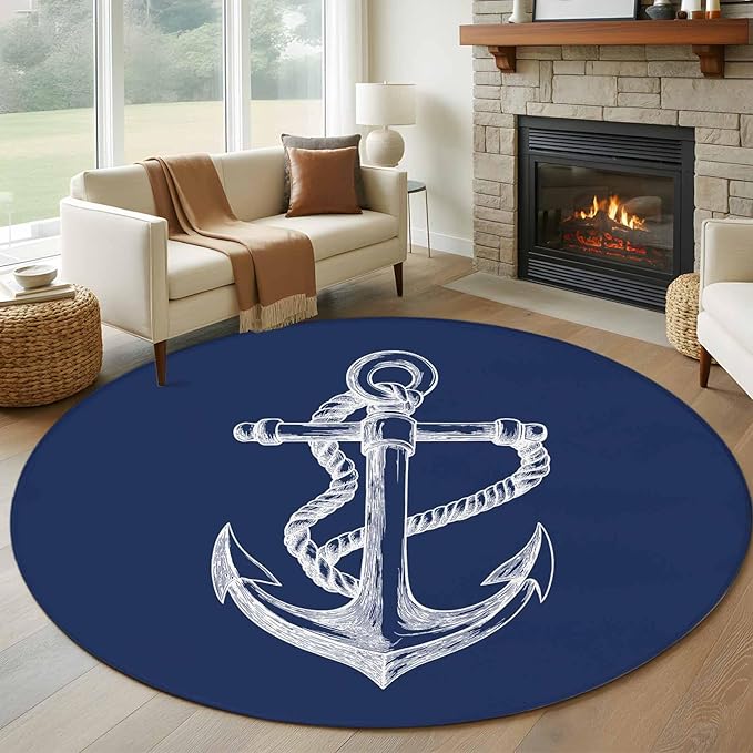 Washable Round Area Rug Marine Theme Anchor String Sketch Circle Rugs Floor Carpet for Living Room Bedroom, Watercolor Nautical Theme Soft Non Slip Round Rug 5ft