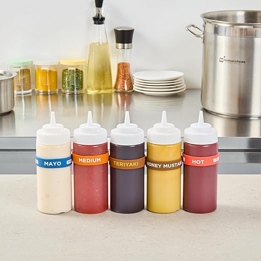 Restaurantware Silicone Squeeze Bottle Band 10 Count 2.75 Inch Dishwasher Safe Condiment Identification Band, Teriyaki Brown Non-Slip Label Band for Condiment Labeling at Restaurants, Food Trucks