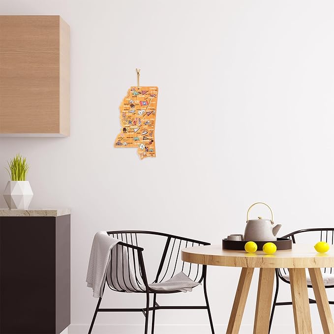 Totally Bamboo Mississippi State Shaped Cutting Board and Charcuterie Serving Platter with Artwork by Fish Kiss, Includes Hang Tie for Wall Display