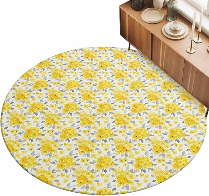 Washable Round Area Rug Summer Pastoral Yellow Flower Circle Rugs Floor Carpet for Living Room Bedroom, Country Floral Leaf Theme Soft Non Slip Round Rug 3ft