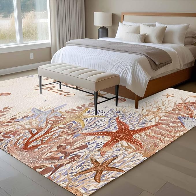 Area Rug 6x9ft, Orange Marine Starfish Coral Seaweed Washable Rugs for Living Room Bedroom, Peace Quote on Linen Soft Non-Slip Area Rugs Rectangle Floor Carpet for Dining Room