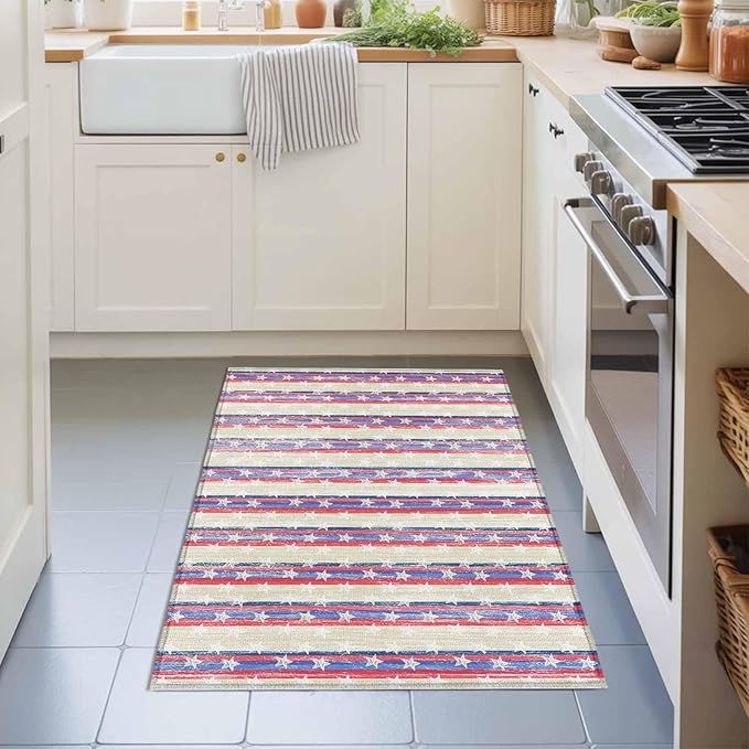 Area Rug 2x3ft, American Star Stripe Washable Rugs for Living Room Bedroom, Retro Independence Day Theme Soft Non-Slip Area Rugs Rectangle Floor Carpet for Dining Room