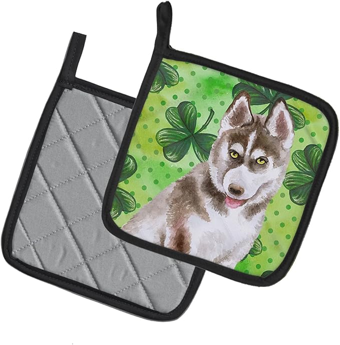 Caroline's Treasures BB9870PTHD Siberian Husky Grey St Patrick's Pair of Pot Holders, Green Kitchen Heat Resistant Pot Holders Sets Oven Hot Pads for Cooking Baking BBQ, 7 1/2 x 7 1/2