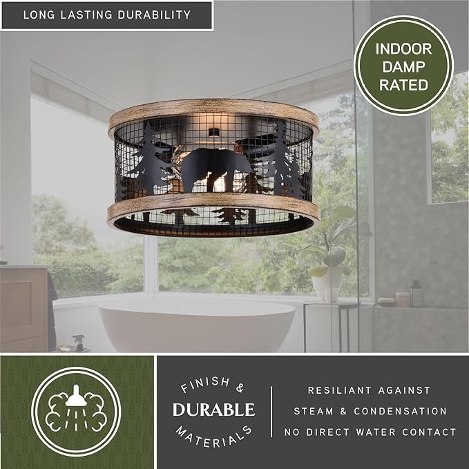 VAXCEL Kodiak 12 Inch Rustic Flush Mount Ceiling Light, Bear and Tree Motif, Dimmable Indoor Outdoor Lighting, Black and Burnished Teak Finish