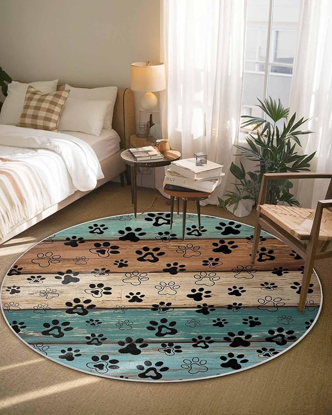 Round Area Rug,Dog Paw Farm Brown Wood Board Circle Living Room Rug Non-Slip Rugs Indoor Carpet,Animal Footprint Retro Wooden Soft Comfort Rugs for Bedroom KidsRoom Nursery