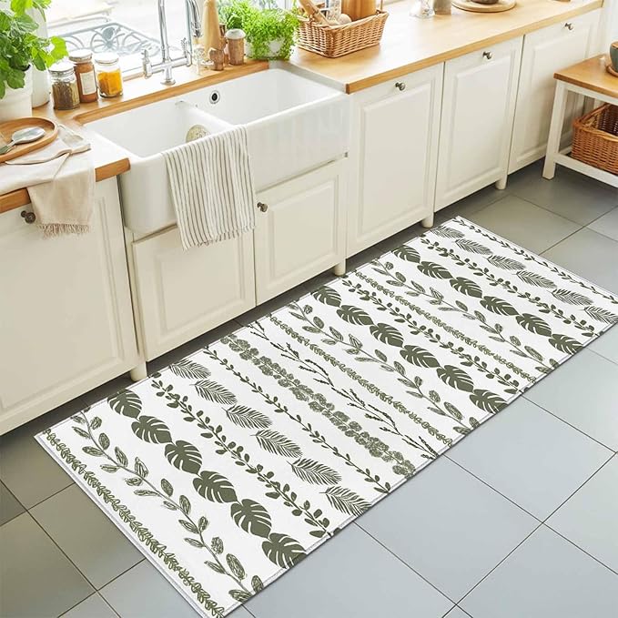 Runner Rug for Bedroom Hallway, Summer Tropical Leaf Seamless Kitchen Runner Rugs Area Rug 2x6ft, Farmhouse Green Leaves Plant Washable Soft Floor Carpet for Entryway Stair