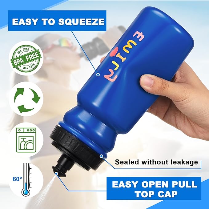 Suclain Water Bottle Carrier with 20 Oz Bottles and Stickers Plastic Wide Mouth Sports Water Bottle Squeeze Team Bottles with Black Lid for Fitness Bike Gym(14 Pcs,Dark Blue)