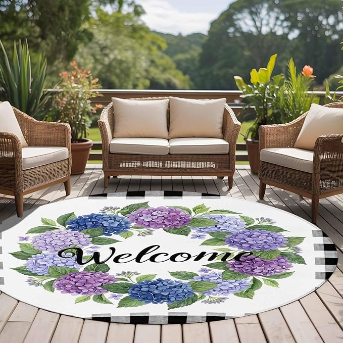 Washable Round Area Rug Summer Hydrangea Leaf Circle Rugs Floor Carpet for Living Room Bedroom, Purple Blue Flower Buffalo Check Soft Non Slip Round Rug 5ft