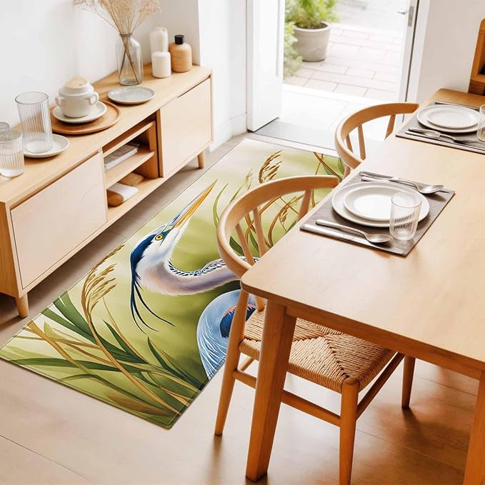 Runner Rug for Bedroom Hallway, Natural Bird Wetland Landscape Kitchen Runner Rugs Area Rug 2x6ft, Wild Heron Grass Washable Soft Floor Carpet for Entryway Stair